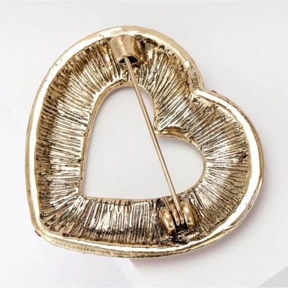 Red Rhinestone Heart Brooch Pin Gold-Tone - Picture 2 of 3